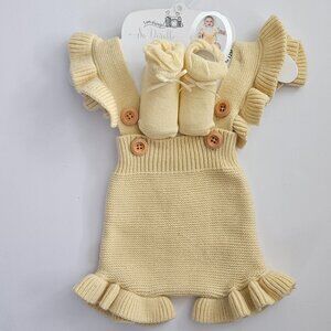 So 'Dorable Yellow Knit Romper & Booties Set Boho Ruffle 0-12M NWT